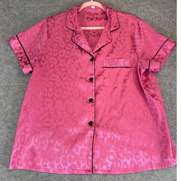 VINTAGE Pajama Top Womens Large Pink Leopard Jacquard Short Sleeve Lounge Shirt - Picture 1 of 6
